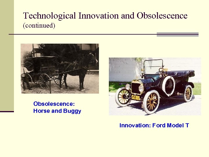 Technological Innovation and Obsolescence (continued) Obsolescence: Horse and Buggy Innovation: Ford Model T 