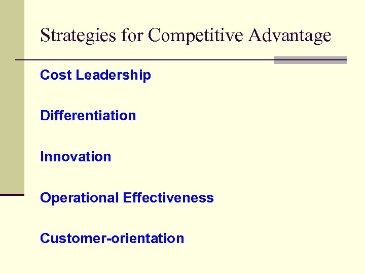 Strategies for Competitive Advantage Cost Leadership Differentiation Innovation Operational Effectiveness Customer-orientation 