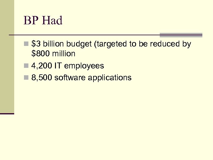 BP Had n $3 billion budget (targeted to be reduced by $800 million n