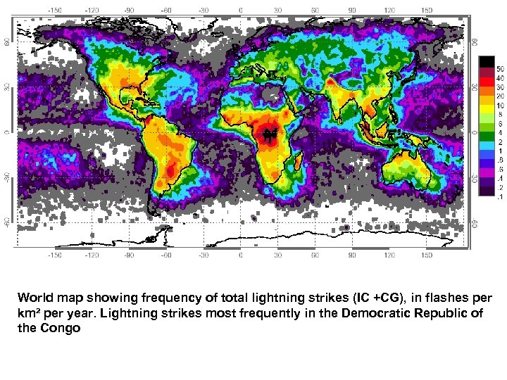 World map showing frequency of total lightning strikes (IC +CG), in flashes per km²