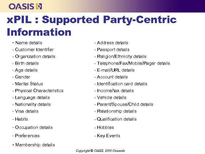 x. PIL : Supported Party-Centric Information - Name details - Address details - Customer
