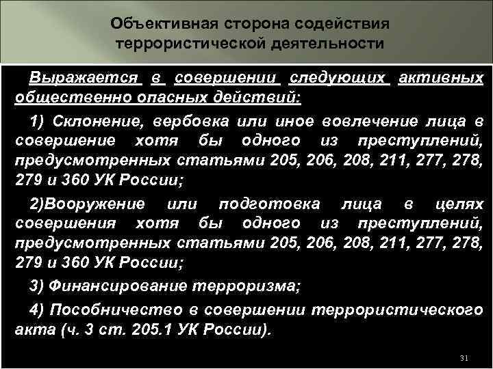 Объективная сторона содействия террористической деятельности Выражается в совершении следующих активных общественно опасных действий: 1)