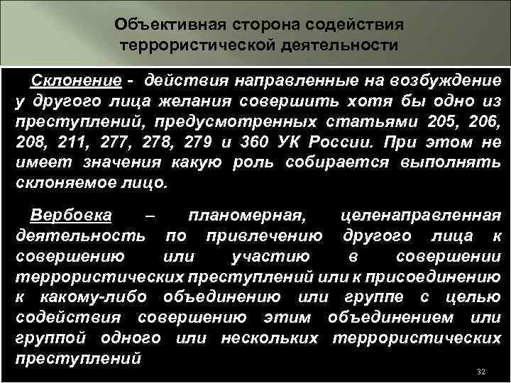 Объективная сторона содействия террористической деятельности Склонение - действия направленные на возбуждение у другого лица