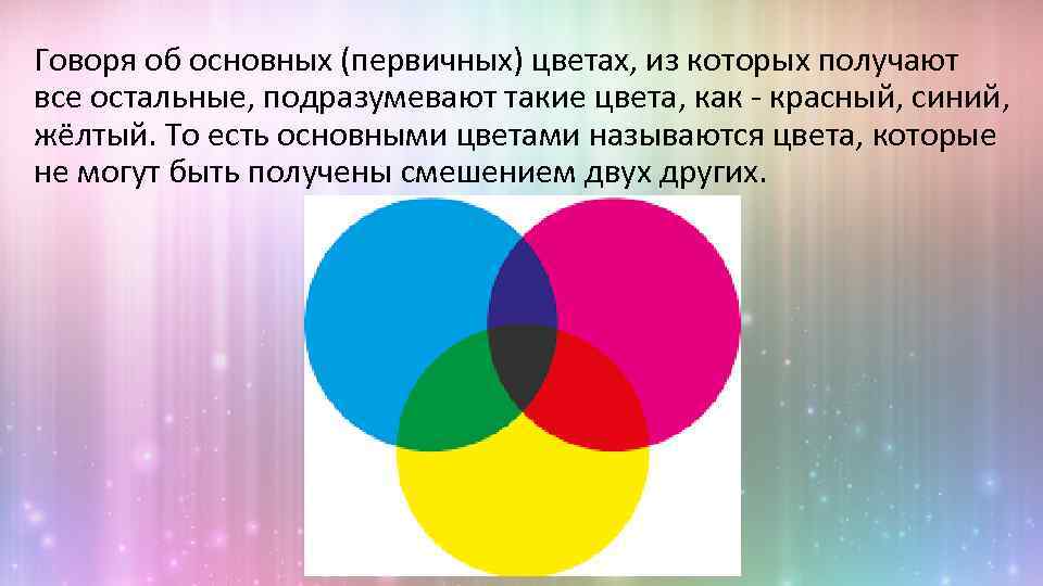 Говоря об основных (первичных) цветах, из которых получают все остальные, подразумевают такие цвета, как