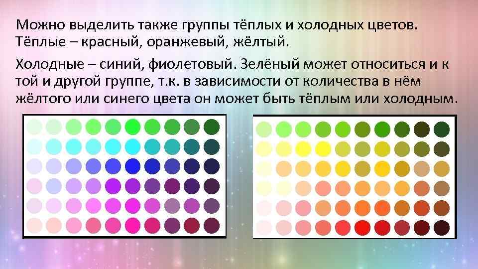 Можно выделить также группы тёплых и холодных цветов. Тёплые – красный, оранжевый, жёлтый. Холодные