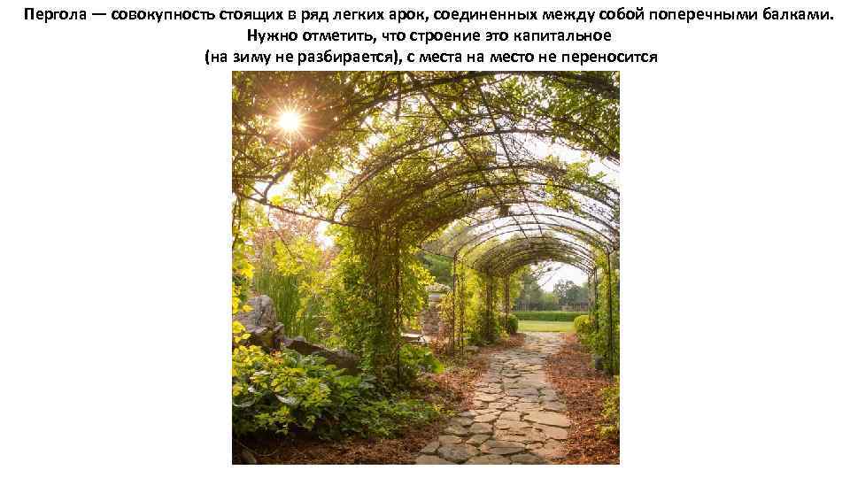 Пергола — совокупность стоящих в ряд легких арок, соединенных между собой поперечными балками. Нужно