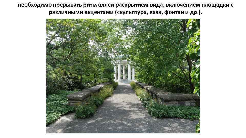 необходимо прерывать ритм аллеи раскрытием вида, включением площадки с различными акцентами (скульптура, ваза, фонтан