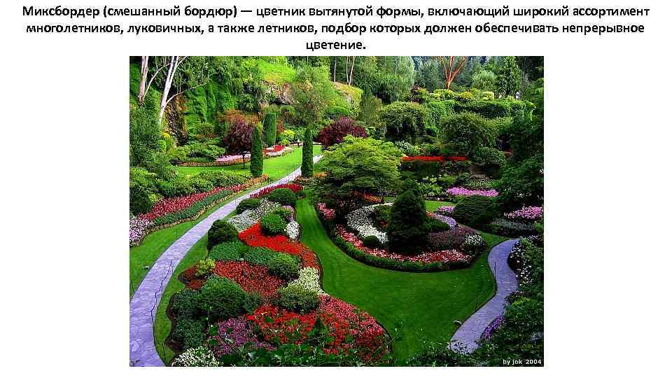 Миксбордер (смешанный бордюр) — цветник вытянутой формы, включающий широкий ассортимент многолетников, луковичных, а также