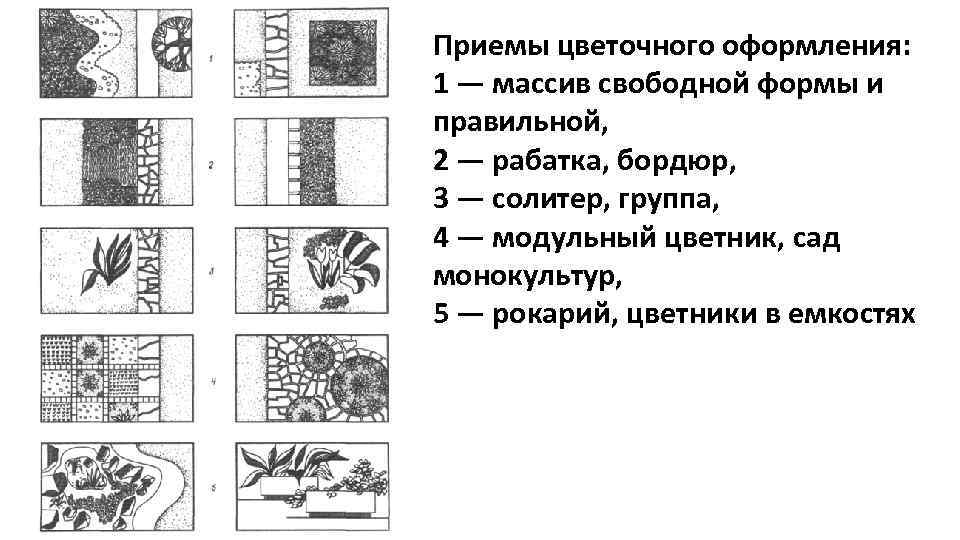Приемы цветочного оформления: 1 — массив свободной формы и правильной, 2 — рабатка, бордюр,