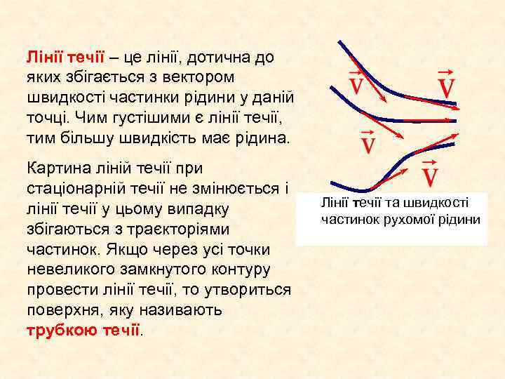 Лінії течії – це лінії, дотична до яких збігається з вектором швидкості частинки рідини