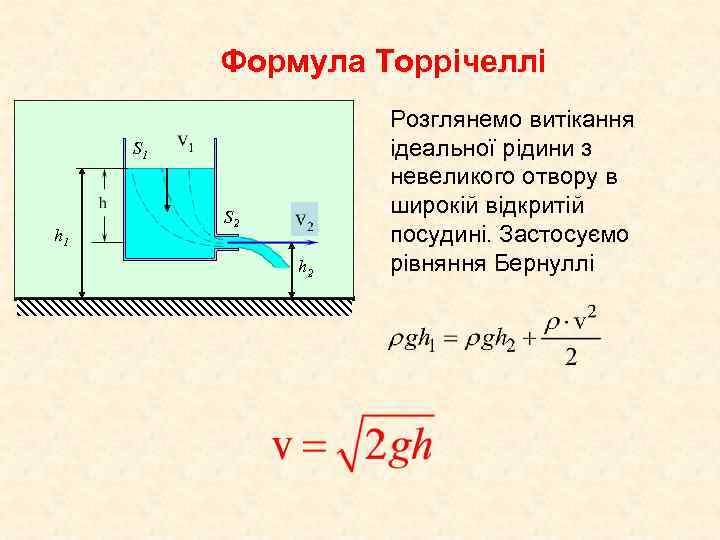 Формула Торрічеллі S 1 h 1 S 2 h 2 Розглянемо витікання ідеальної рідини