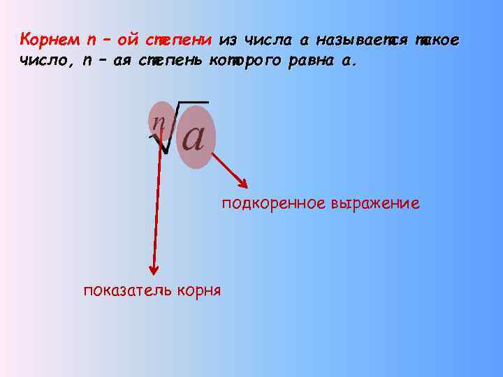 Корнем n – ой степени из числа а называется такое число, n – ая