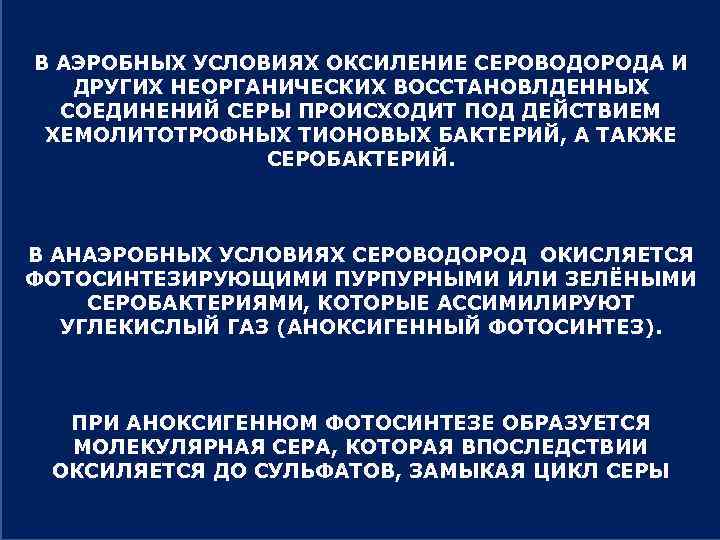 В АЭРОБНЫХ УСЛОВИЯХ ОКСИЛЕНИЕ СЕРОВОДОРОДА И ДРУГИХ НЕОРГАНИЧЕСКИХ ВОССТАНОВЛДЕННЫХ СОЕДИНЕНИЙ СЕРЫ ПРОИСХОДИТ ПОД ДЕЙСТВИЕМ