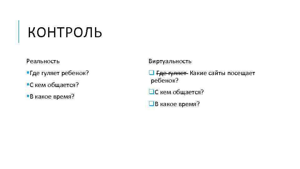 КОНТРОЛЬ Реальность Виртуальность §Где гуляет ребенок? q Где гуляет Какие сайты посещает ребенок? §С