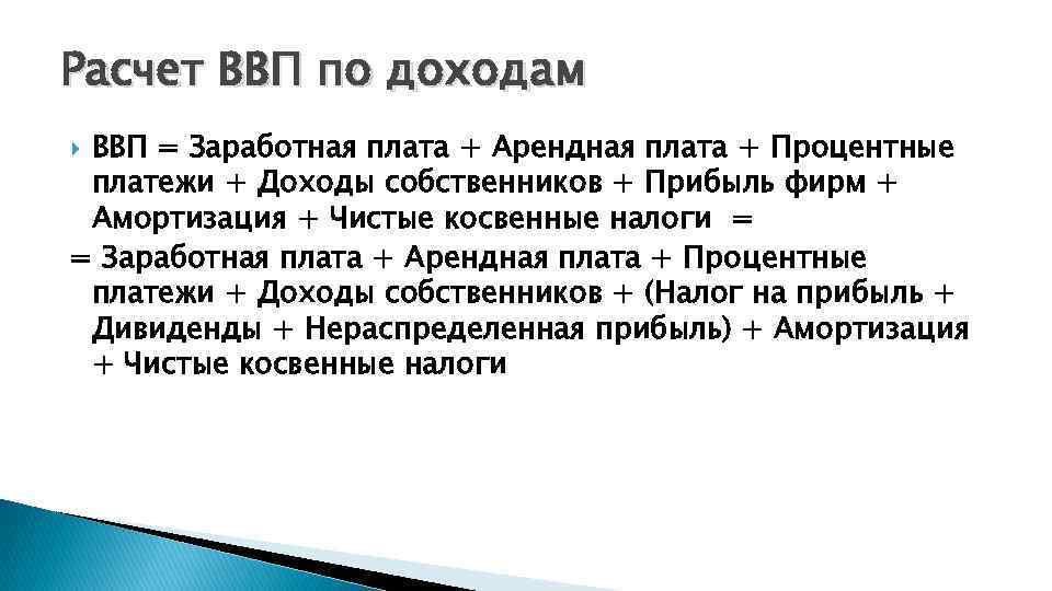 Расчет ВВП по доходам ВВП = Заработная плата + Арендная плата + Процентные платежи