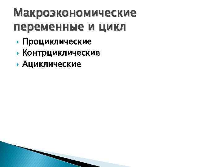 Макроэкономические переменные и цикл Проциклические Контрциклические Ациклические 