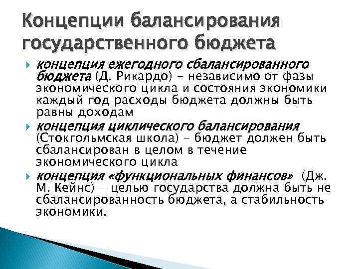 Концепции балансирования государственного бюджета концепция ежегодного сбалансированного бюджета (Д. Рикардо) - независимо от фазы