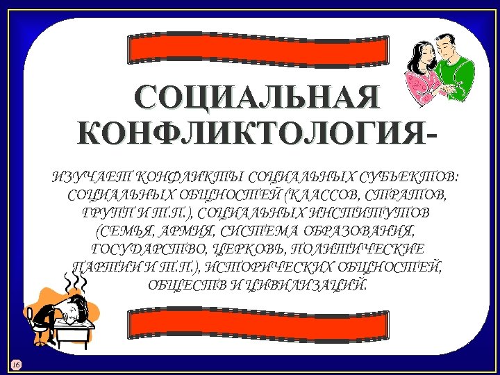 СОЦИАЛЬНАЯ КОНФЛИКТОЛОГИЯ ИЗУЧАЕТ КОНФЛИКТЫ СОЦИАЛЬНЫХ СУБЪЕКТОВ: СОЦИАЛЬНЫХ ОБЩНОСТЕЙ (КЛАССОВ, СТРАТОВ, ГРУПП И Т. П.