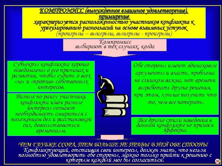 КОМПРОМИСС (вынужденное взаимное удовлетворение), примирение характеризуется расположенностью участников конфликта к урегулированию разногласий на основе