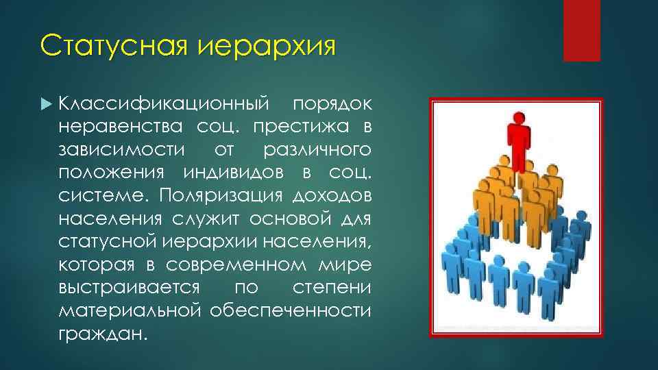 Статусная иерархия Классификационный порядок неравенства соц. престижа в зависимости от различного положения индивидов в