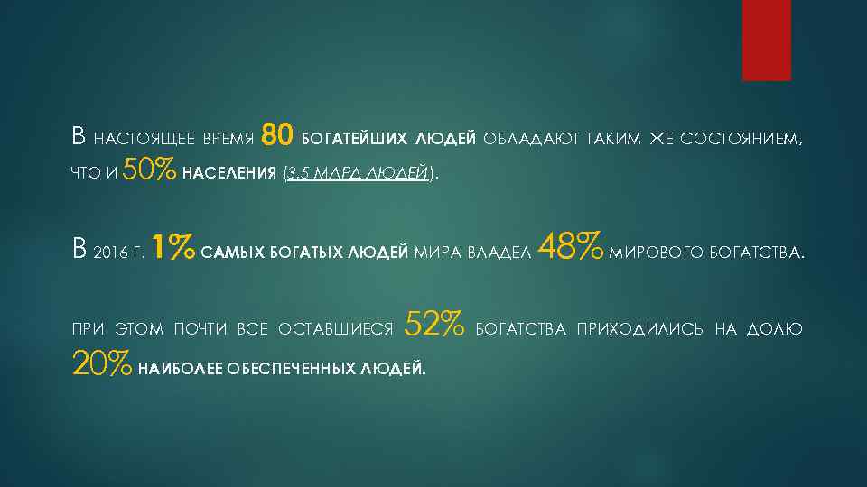 В НАСТОЯЩЕЕ ВРЕМЯ 80 БОГАТЕЙШИХ ЛЮДЕЙ ОБЛАДАЮТ ТАКИМ ЖЕ СОСТОЯНИЕМ, ЧТО И 50% НАСЕЛЕНИЯ