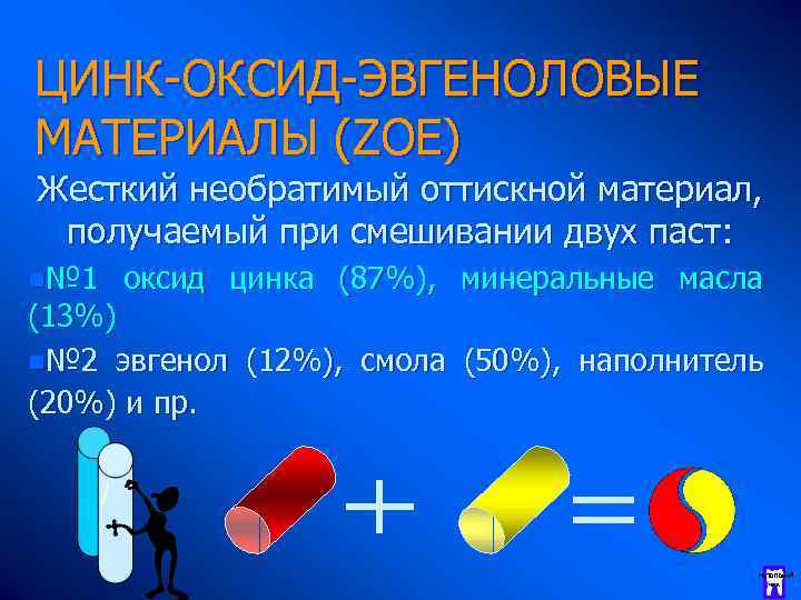 ЦИНК-ОКСИД-ЭВГЕНОЛОВЫЕ МАТЕРИАЛЫ (ZOE) Жесткий необратимый оттискной материал, получаемый при смешивании двух паст: n№ 1