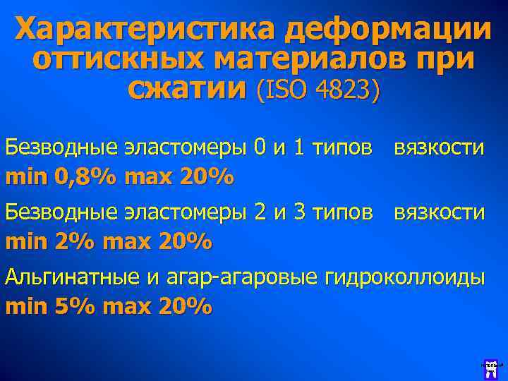 Характеристика деформации оттискных материалов при сжатии (ISO 4823) Безводные эластомеры 0 и 1 типов