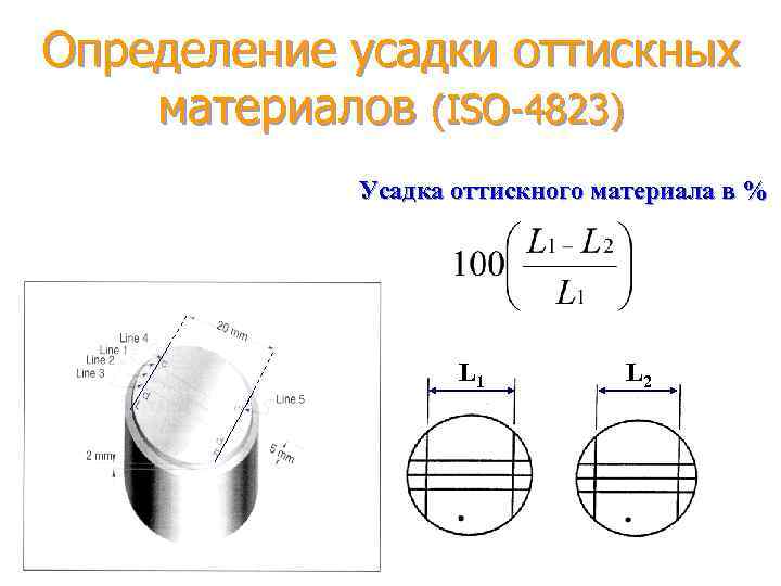 Определение усадки оттискных материалов (ISO-4823) Усадка оттискного материала в % L 1 L 2