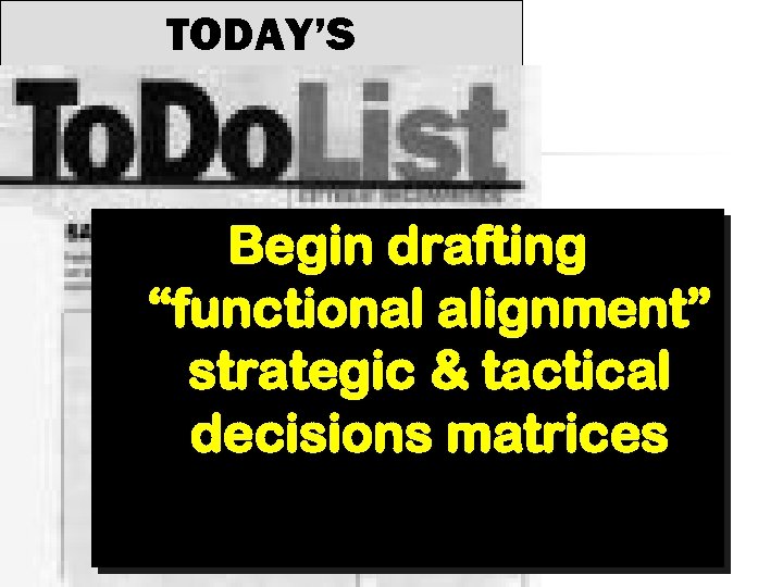 TODAY’S Begin drafting “functional alignment” strategic & tactical decisions matrices 