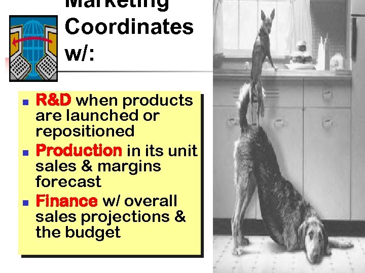 Marketing Coordinates w/: n n n R&D when products are launched or repositioned Production