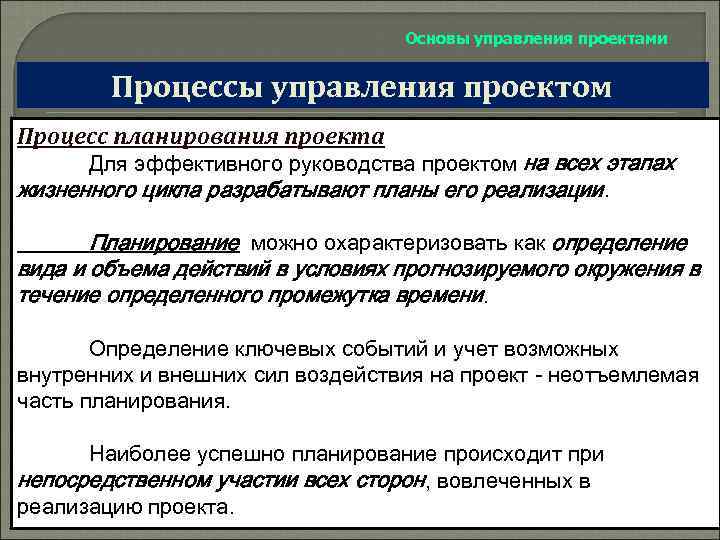 Основы управления проектами Процессы управления проектом Процесс планирования проекта Для эффективного руководства проектом на