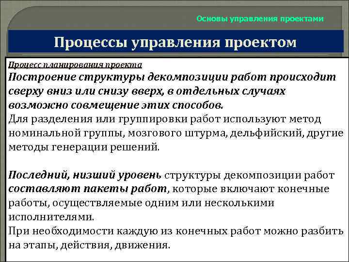 Основы управления проектами Процессы управления проектом Процесс планирования проекта Построение структуры декомпозиции работ происходит