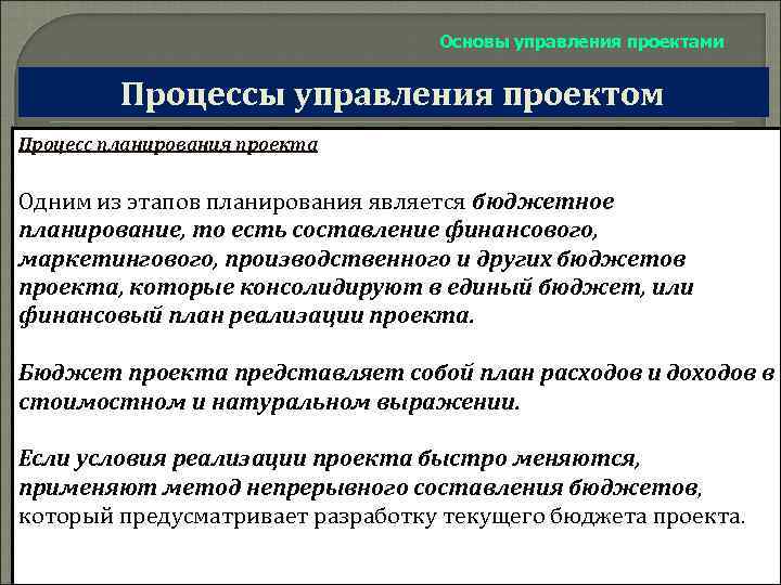 Основы управления проектами Процессы управления проектом Процесс планирования проекта Одним из этапов планирования является