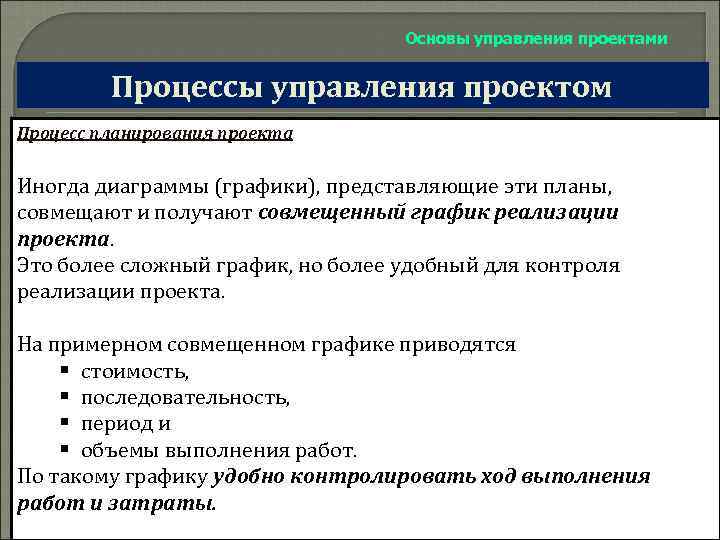 Основы управления проектами Процессы управления проектом Процесс планирования проекта Иногда диаграммы (графики), представляющие эти