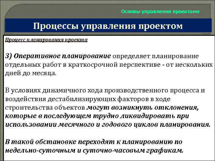 Основы управления проектами Процессы управления проектом Процесс планирования проекта 3) Оперативное планирование определяет планирование