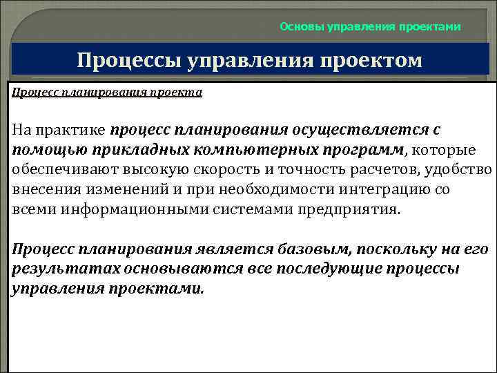 Основы управления проектами Процессы управления проектом Процесс планирования проекта На практике процесс планирования осуществляется