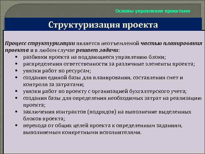 Основы управления проектами Структуризация проекта Процесс структуризации является неотъемлемой частью планирования проекта и в