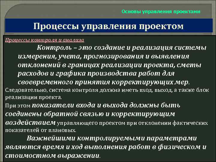 Основы управления проектами Процессы управления проектом Процессы контроля и анализа Контроль – это создание