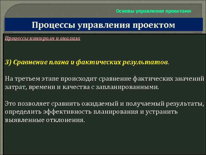 Основы управления проектами Процессы управления проектом Процессы контроля и анализа 3) Сравнение плана и