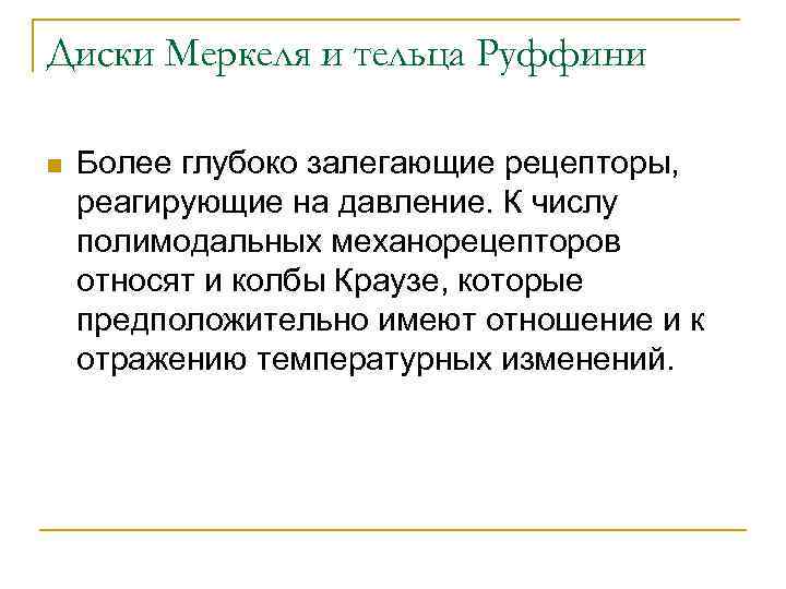 Диски Меркеля и тельца Руффини n Более глубоко залегающие рецепторы, реагирующие на давление. К
