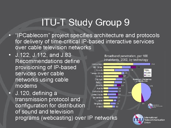 ITU-T Study Group 9 • “IPCablecom” project specifies architecture and protocols for delivery of