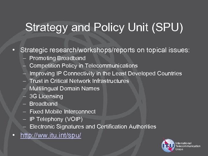 Strategy and Policy Unit (SPU) • Strategic research/workshops/reports on topical issues: – – –