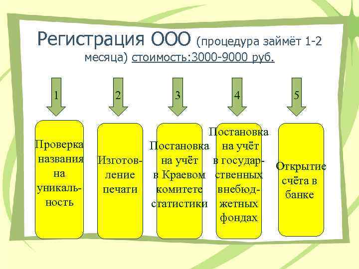 Регистрация ООО (процедура займёт 1 -2 месяца) стоимость: 3000 -9000 руб. 1 Проверка названия
