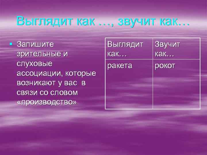 Выглядит как …, звучит как… § Запишите зрительные и слуховые ассоциации, которые возникают у