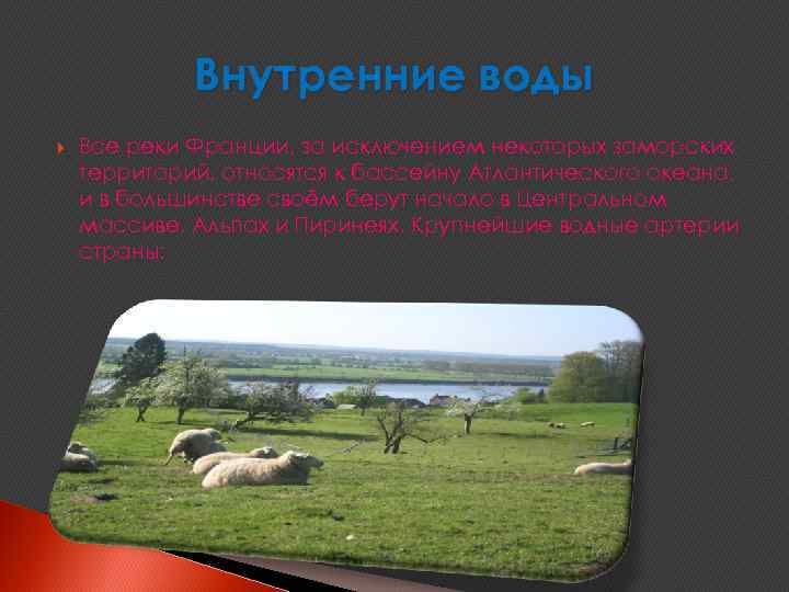 Внутренние воды Все реки Франции, за исключением некоторых заморских территорий, относятся к бассейну Атлантического