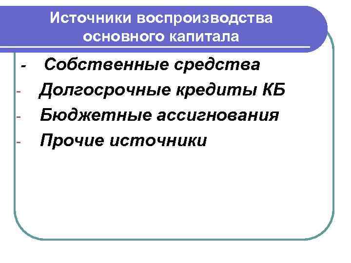Источники воспроизводства основного капитала - Собственные средства Долгосрочные кредиты КБ Бюджетные ассигнования Прочие источники