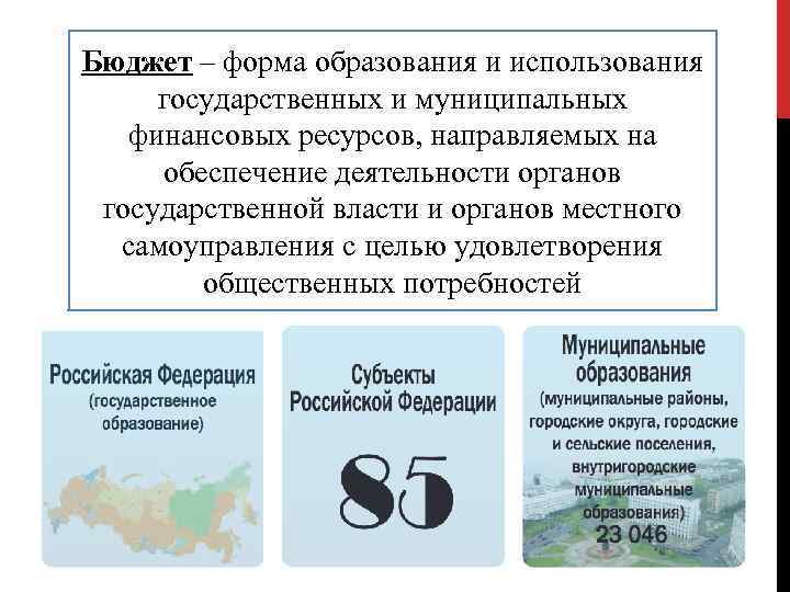 Бюджет – форма образования и использования государственных и муниципальных финансовых ресурсов, направляемых на обеспечение