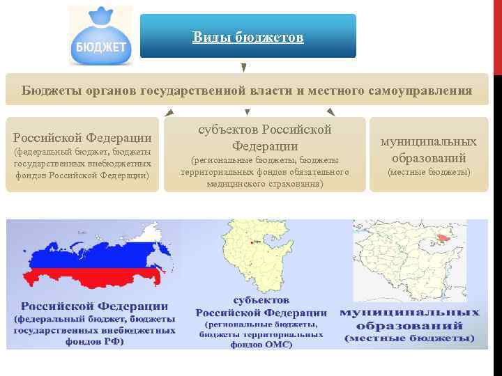 Виды бюджетов Бюджеты органов государственной власти и местного самоуправления Российской Федерации (федеральный бюджет, бюджеты