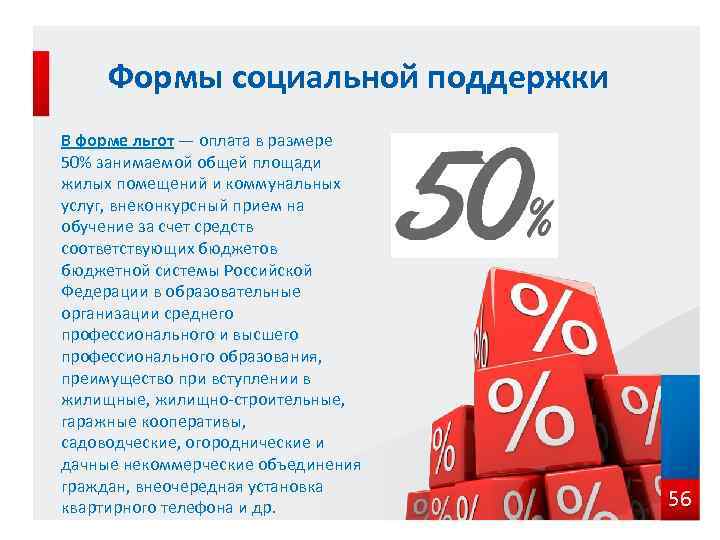 Формы социальной поддержки В форме льгот — оплата в размере 50% занимаемой общей площади