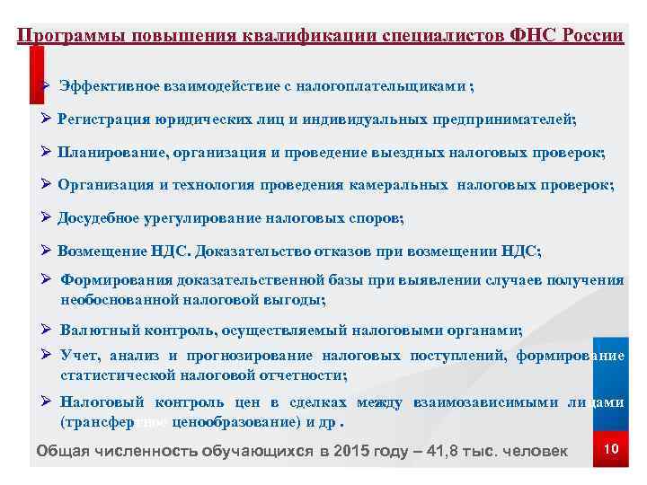 Программы повышения квалификации специалистов ФНС России Ø Эффективное взаимодействие с налогоплательщиками ; Ø Регистрация